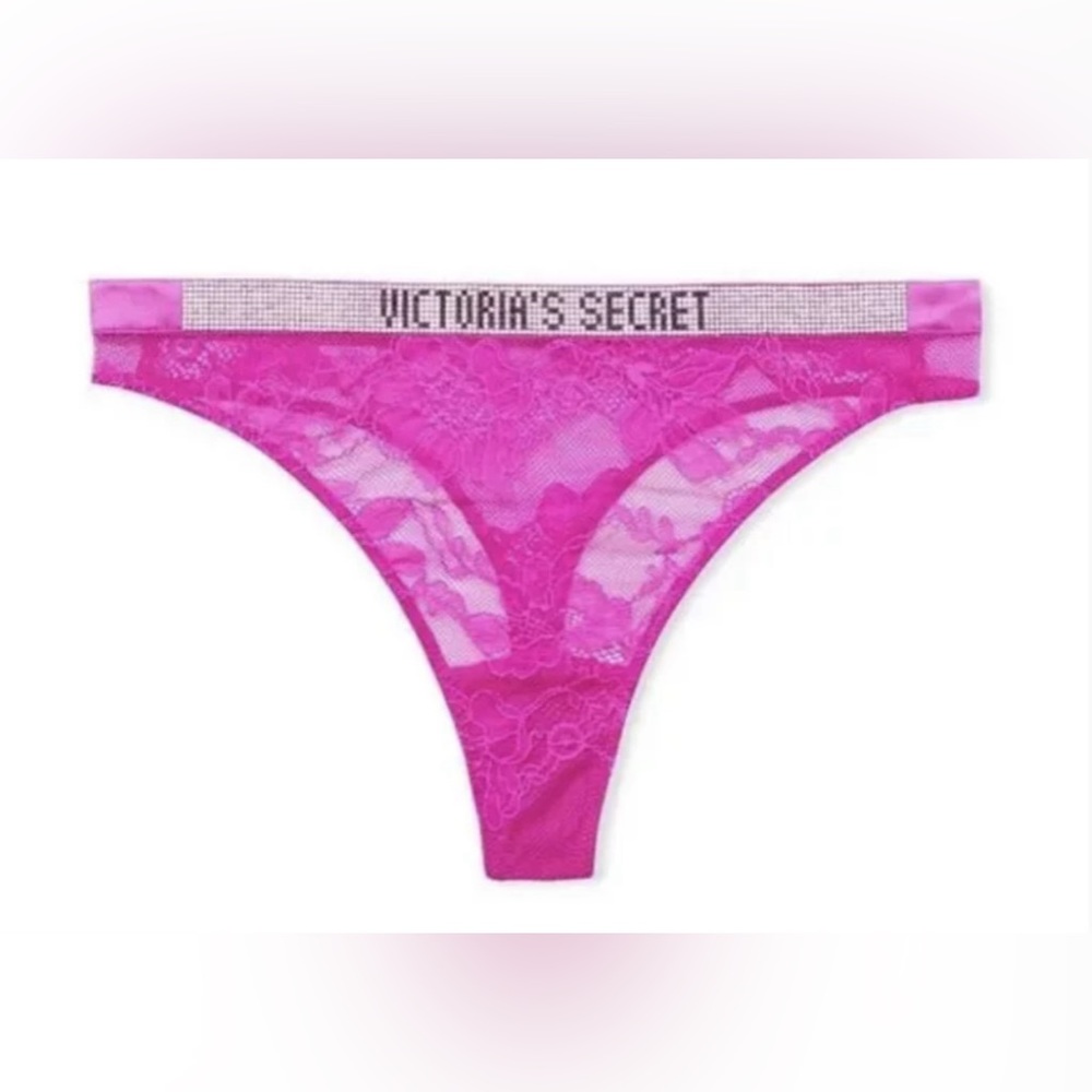 VICTORIA’S SECRET VS VERY SEXY MID RISE THONG PANTY PINK LACE SHINE BLING LOGO